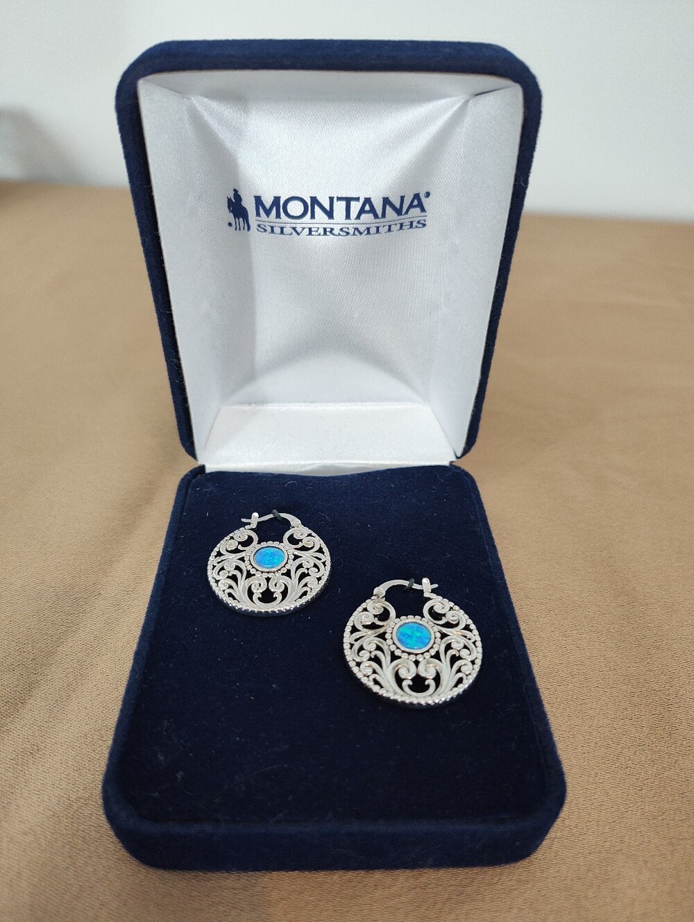 Montana Silversmiths Silver Filigree Hoop Earrings with Faux Opal Center